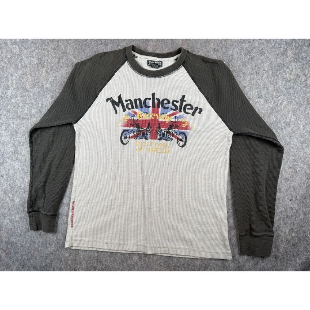 Lucky Brand T-Shirt Men's XL White Black Spellout Long Sleeve Crew Neck Pullover